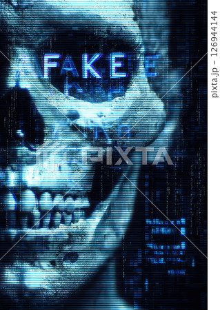 Half human skull dissolving into digital pixels, glitch effect, blue tones, fake text, eerie mood Half human skull dissolving into digital pixels, glitch effect, blue tones, fake text, eerie mood 126944144