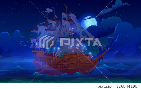 Ghost pirate sail ship flying Dutchman with glowing crew and torn sails sailing on ocean under moonlight. Cartoon vector haunted vessel with spooky corsairs, eerie lights at dark night sea background Ghost pirate sail ship flying Dutchman with glowing crew and torn sails sailing on ocean under moonlight. Cartoon vector haunted vessel with spooky corsairs, eerie lights at dark night sea background 126944199