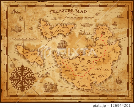 Vintage map of pirate treasures with islands, sea and compass, vector adventure and cartography. Old parchment paper map of pirate treasure island, sail ships, mountains and chest, trees and desert 126944201