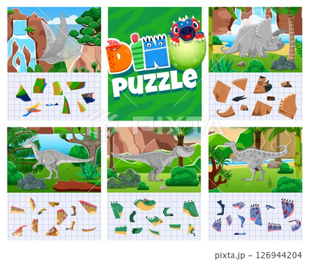 Kids jigsaw puzzle logic game with prehistoric dinosaurs. Cartoon vector cut and glue educational worksheets with dino shapes and pieces to match. Learning riddle with pterodactyl, triceratops species Kids jigsaw puzzle logic game with prehistoric dinosaurs. Cartoon vector cut and glue educational worksheets with dino shapes and pieces to match. Learning riddle with pterodactyl, triceratops species 126944204