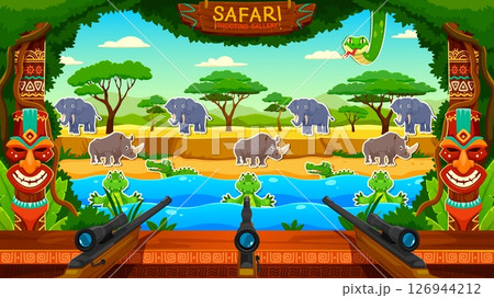 African safari hunting carnival shoot game, amusement park shooting range. Cartoon vector arcade gallery with Africa animals, tribal masks, guns, target props evoking wildlife adventure and family fun 126944212