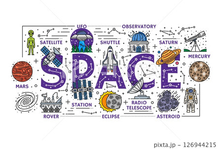 Line galaxy space icons, color banner. Vector mix of exploration, astronomy science and alien elements featuring planets, satellites, shuttle, observatory, UFO, rover, astronaut and constellations Line galaxy space icons, color banner. Vector mix of exploration, astronomy science and alien elements featuring planets, satellites, shuttle, observatory, UFO, rover, astronaut and constellations 126944215