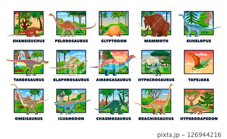 Cartoon prehistoric dinosaurs and lizard reptiles with names for kids dino atlas, vector set. Prehistoric dinosaurs and Jurassic lizards or paleontology animals with species names for dino collection Cartoon prehistoric dinosaurs and lizard reptiles with names for kids dino atlas, vector set. Prehistoric dinosaurs and Jurassic lizards or paleontology animals with species names for dino collection 126944216