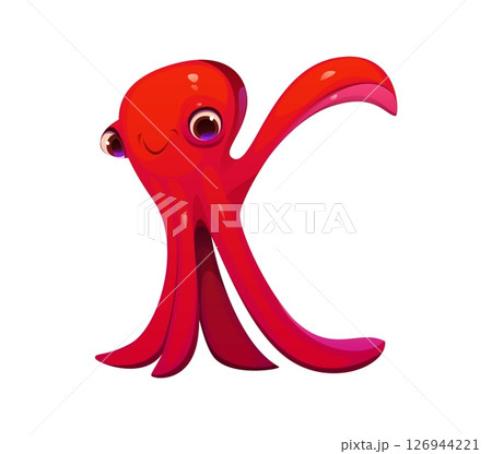 Cartoon underwater font octopus letter K. Sea nature creature ABC font letter, underwater wildlife animal isolated vector English typeset element or ocean life latin alphabet symbol 126944221