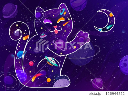 Galaxy space cat touching moon with paw in starry night sky, vector cartoon background. Galaxy space rockets, stars and alien UFO with funny cat in line silhouette reaching out for crescent moon Galaxy space cat touching moon with paw in starry night sky, vector cartoon background. Galaxy space rockets, stars and alien UFO with funny cat in line silhouette reaching out for crescent moon 126944222