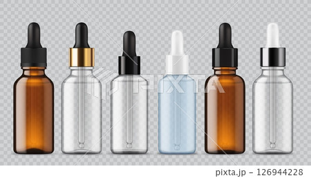 Realistic cosmetic glass bottle mockup with dropper standing in a row. 3d vector set of transparent and amber glass pipette vials for skincare, serum, medicine solutions and oil packaging presentation 126944228