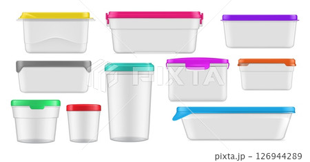 Realistic plastic food containers and lunch boxes. 3d vector set of packages with color lids, varied sizes and secure sealing options. Functional solutions for home kitchen storage or on the go meals 126944289