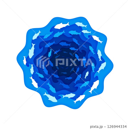 Paper cut fish shoal, 3d vector layered wavy frame features swirling school of fish in spiral formation. Ocean blue papercut with multiple sea fish silhouettes swimming in vortex in marine depth Paper cut fish shoal, 3d vector layered wavy frame features swirling school of fish in spiral formation. Ocean blue papercut with multiple sea fish silhouettes swimming in vortex in marine depth 126944334