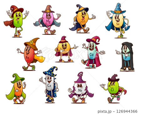 Cartoon groovy Halloween sorcerer and wizard micronutrient characters. Vector nutritional iron, zinc, calcium and magnesium, selenium, manganese or copper. Phosphorus, calcium, sodium and chlorine 126944366