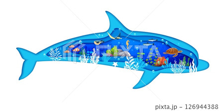 Dolphin silhouette with paper cut underwater landscape, sea animals and fishes, vector banner. Ocean undersea or sea underwater world with turtle, coral reef seahorse, manta stingray and seaweeds Dolphin silhouette with paper cut underwater landscape, sea animals and fishes, vector banner. Ocean undersea or sea underwater world with turtle, coral reef seahorse, manta stingray and seaweeds 126944388