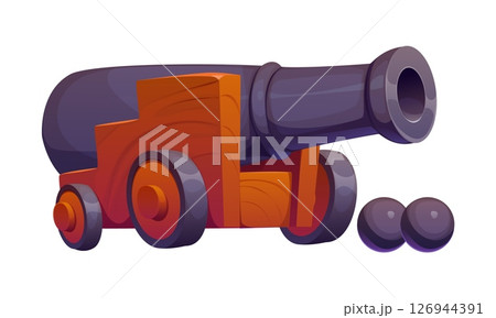 Cartoon pirate cannon weapon with cannonballs. Vector black iron gun on wooden wheels ready for naval battle. Old ship artillery tool used by corsairs and buccaneers for attack and defense on board Cartoon pirate cannon weapon with cannonballs. Vector black iron gun on wooden wheels ready for naval battle. Old ship artillery tool used by corsairs and buccaneers for attack and defense on board 126944391