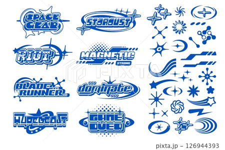 Y2k streetwear label icons and signs in bold blue color. Vector set of futuristic retro emblems with typography like game over, space gear, magnetic, riot and blade runner, stars, comets and glitch 126944393
