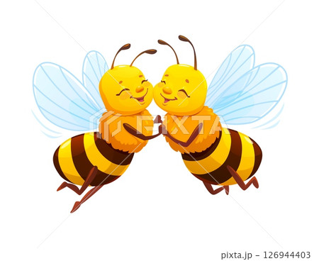 Cartoon honey bee characters couple flying with smiling faces, holding hands and closed eyes. Cute vector flying adorable insect pair in love, exudes spring mood, friendship or romantic vibes Cartoon honey bee characters couple flying with smiling faces, holding hands and closed eyes. Cute vector flying adorable insect pair in love, exudes spring mood, friendship or romantic vibes 126944403