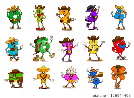 Cartoon groovy math number cowboy and bandit characters, retro Western and mathematics education vector personages. Psychedelic groovy number Wild West cowboy, sheriff, old american bandit and indian Cartoon groovy math number cowboy and bandit characters, retro Western and mathematics education vector personages. Psychedelic groovy number Wild West cowboy, sheriff, old american bandit and indian 126944408