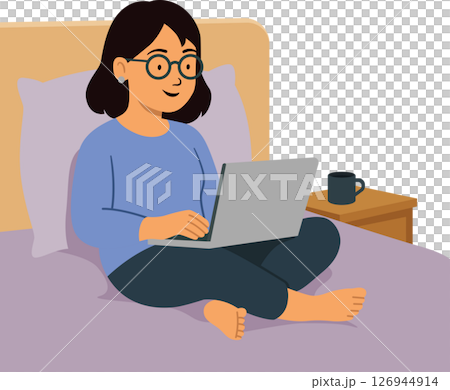 Woman relaxed on bed remote working at home Woman relaxed on bed remote working at home 126944914