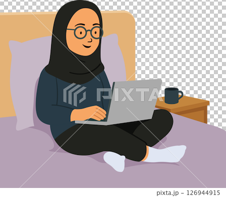 Woman with hijab relaxed on bed remote working at home Woman with hijab relaxed on bed remote working at home 126944915