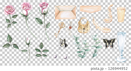 Set of roses, buds, leaves, envelope, key, lock, glass, splashes, butterflies, pearls, eucalyptus. Isolated watercolor illustration for wedding cards, interior, posters. 126944952