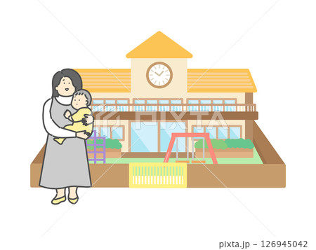 ママと抱っこされる赤ちゃん  保育園  建物  イラスト 126945042