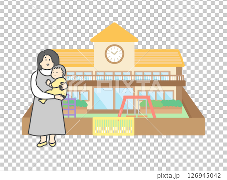 嬰兒被媽媽抱著托兒所建築插圖 126945042