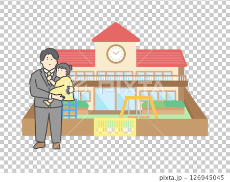 スーツを着用したパパに抱っこされる子供 幼稚園 建物 イラスト スーツを着用したパパに抱っこされる子供 幼稚園 建物 イラスト 126945045
