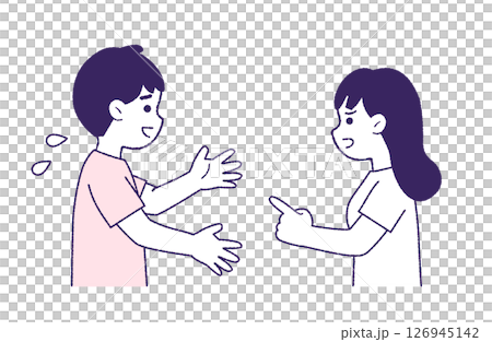 Apologizing/excusing man and angry woman Apologizing/excusing man and angry woman 126945142