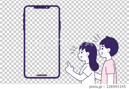 A pair of men and women looking at a smartphone with a smile 126945145