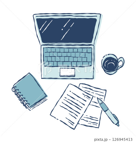 手描きテイストなコンピューターとビジネスワークスペースイメージのイラスト(ブルー) 126945413
