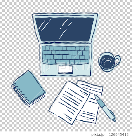 Hand-drawn computer and business workspace image illustration (blue) 126945413