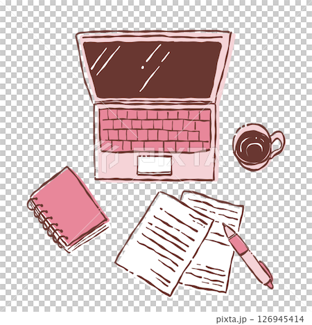 手描きテイストなコンピューターとビジネスワークスペースイメージのイラスト(ピンク) 手描きテイストなコンピューターとビジネスワークスペースイメージのイラスト(ピンク) 126945414