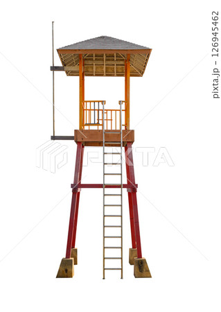 Beach Guard, Life guard watch tower building isolated on white background with clipping path 126945462