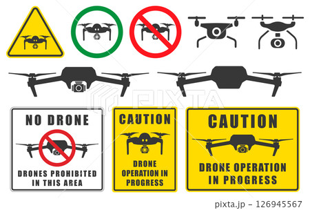 Caution Drone operation in progress. Quadcopter flying icon symbol. Danger Drone fpv copter with action camera. Photo and video filming. Vector illustration image. Caution Drone operation in progress. Quadcopter flying icon symbol. Danger Drone fpv copter with action camera. Photo and video filming. Vector illustration image. 126945567