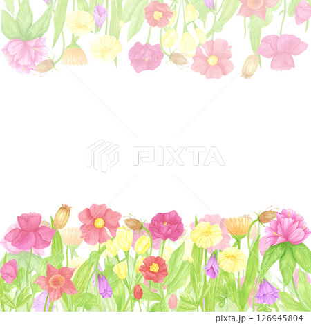 Hand drawn watercolor wildflowers and leaves frame border. Flower of the field isolated on white background. Can be used for postcard, label, scrapbook and other printed products. Hand drawn watercolor wildflowers and leaves frame border. Flower of the field isolated on white background. Can be used for postcard, label, scrapbook and other printed products. 126945804