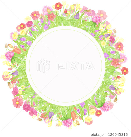 Hand drawn watercolor wildflowers and leaves wreath frame border. Flower of the field isolated on white background. Can be used for card, invitation, scrapbook and other printed products. Hand drawn watercolor wildflowers and leaves wreath frame border. Flower of the field isolated on white background. Can be used for card, invitation, scrapbook and other printed products. 126945816