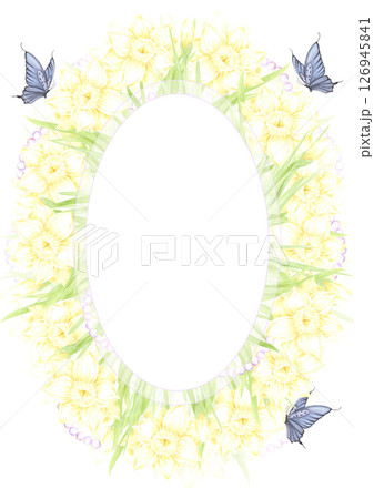 Hand drawn watercolor daffodil with green leaves butterflies and pearls postcard frame border isolated on white background. Can be used for postcard, invitation, scrapbook and other printed products. 126945841