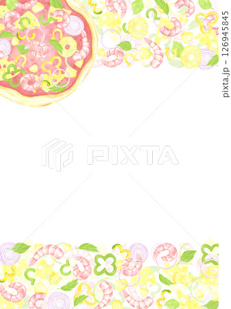 Hand drawn watercolor pizza postcard frame border. Illustration of cut prawn pineapple basil isolated on white background. Can be used for label, card, scrapbook and other printed products. Hand drawn watercolor pizza postcard frame border. Illustration of cut prawn pineapple basil isolated on white background. Can be used for label, card, scrapbook and other printed products. 126945845