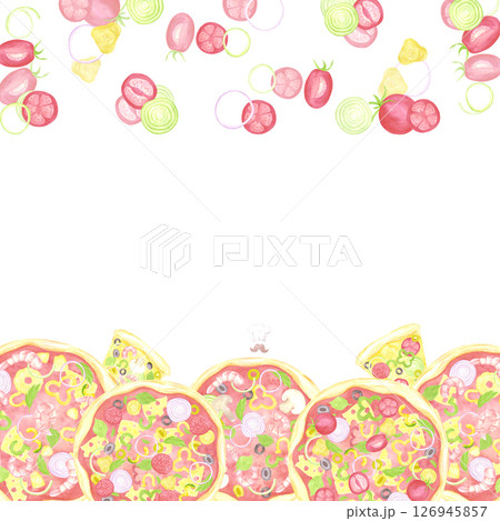 Hand drawn watercolor pizza frame border. Illustration of cut tomato onion pickle isolated on white background. Can be used for label, card, scrapbook and other printed products. Hand drawn watercolor pizza frame border. Illustration of cut tomato onion pickle isolated on white background. Can be used for label, card, scrapbook and other printed products. 126945857