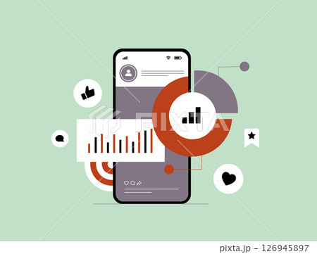Social media insights drive audience engagement through SMM analytics, utilizing data visualization to measure performance and analyze content trends. Social media insights vector illustration 126945897