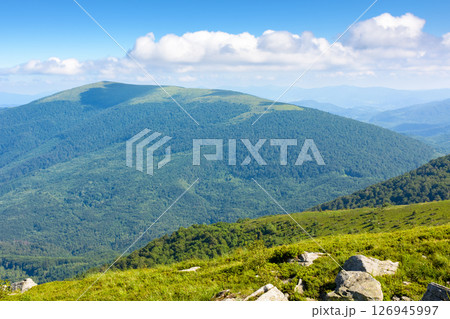 picturesque mountain landscape with rocks and grass. alpine scenery with wonderful view in to the valley. highland of ukraine in morning light. steep rolling hills 126945997