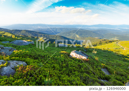 scenic view of alpine landscape in summer. beautiful scene with distant valley. hiking through wonderful carpathian alps. calm vacation in remote highland 126946000