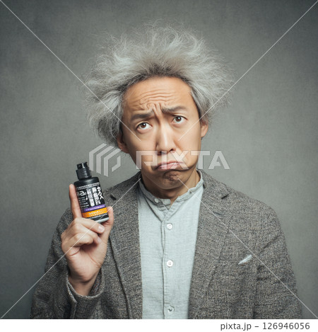 髪の悩みを解決するシャンプーを持つミドルエイジ男性のユーモラスな表 髪の悩みを解決するシャンプーを持つミドルエイジ男性のユーモラスな表 126946056