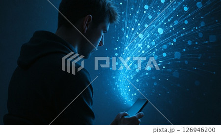 スマホに集中する若者と情報の波 126946200