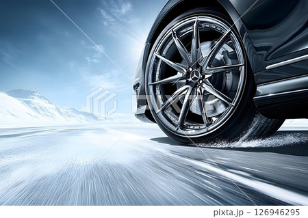 Dynamic Winter Driving Experience with Sleek Car Wheel 126946295