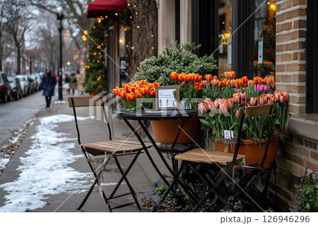 Charming Outdoor Caf, Scene with Vibrant Tulips in Bloom 126946296
