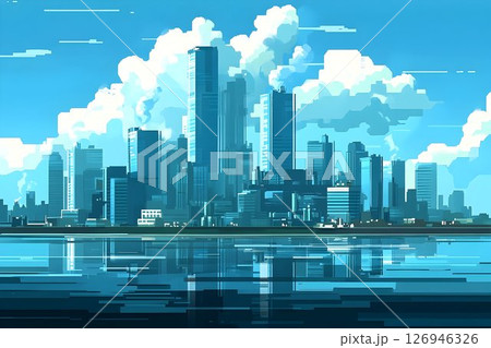 Urban serenity meets aquatic reflection, a cityscape bathed in azure hues 126946326