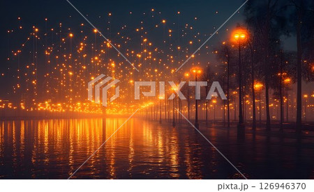 Illuminated cityscape reflection creating an ethereal ambiance at twilight 126946370