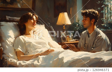A bedside consultation, The doctor visits a patient in the hospital 126946371