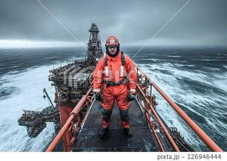 Resilient offshore worker standing firm against rough seas on oil platform Resilient offshore worker standing firm against rough seas on oil platform 126946444