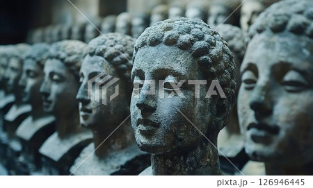 Row of weathered stone busts evoking antiquity and solemn reflection Row of weathered stone busts evoking antiquity and solemn reflection 126946445