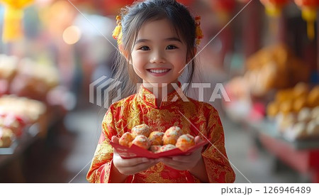 Festive cheer, Adorable girl celebrating Chinese New Year with sweets 126946489