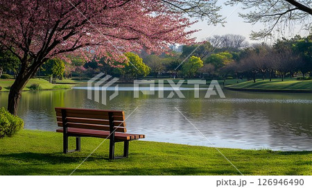 A tranquil park scene with cherry blossoms and a view of calm water A tranquil park scene with cherry blossoms and a view of calm water 126946490